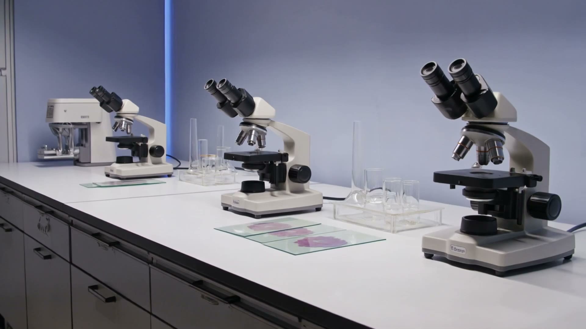 Mikroskopların ve boyanmış lamların bulunduğu laboratuvar tezgâhı